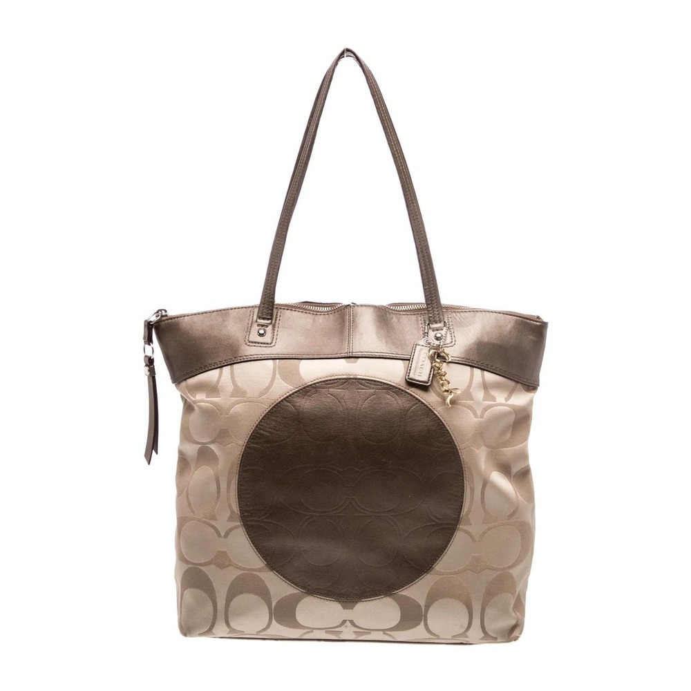 Coach Signature Jacquard Tote Bag‎ Metallic Bronze Leather Trim Large Logo
